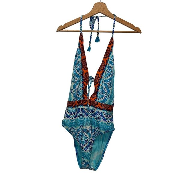 La Blanca Mix Plunge Paisley Print One-Piece Halter Swimsuit Women's Size Small - Picture 1 of 5